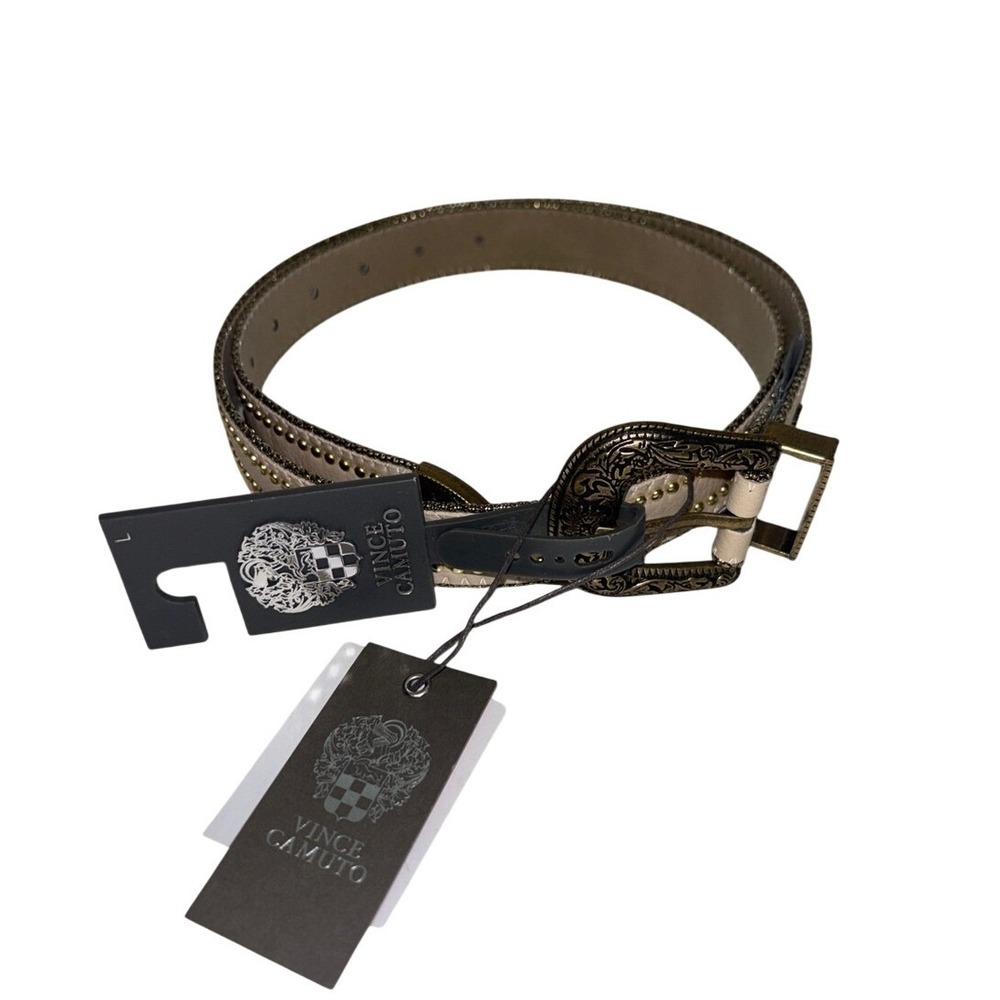 Vince Camuto Beige Leather Belt Ornate Antiqued Buckle Size Large studded NWT